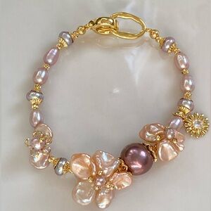 B19-Handmade Double Pink Flower Purple Edison Pearl Bracelet